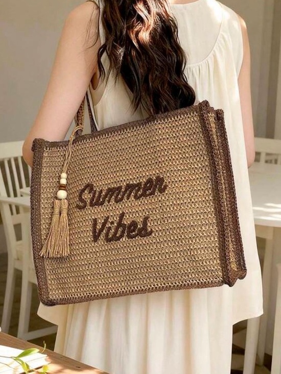 Handbags - Summer Vibes Woven Tote Bag - Brown